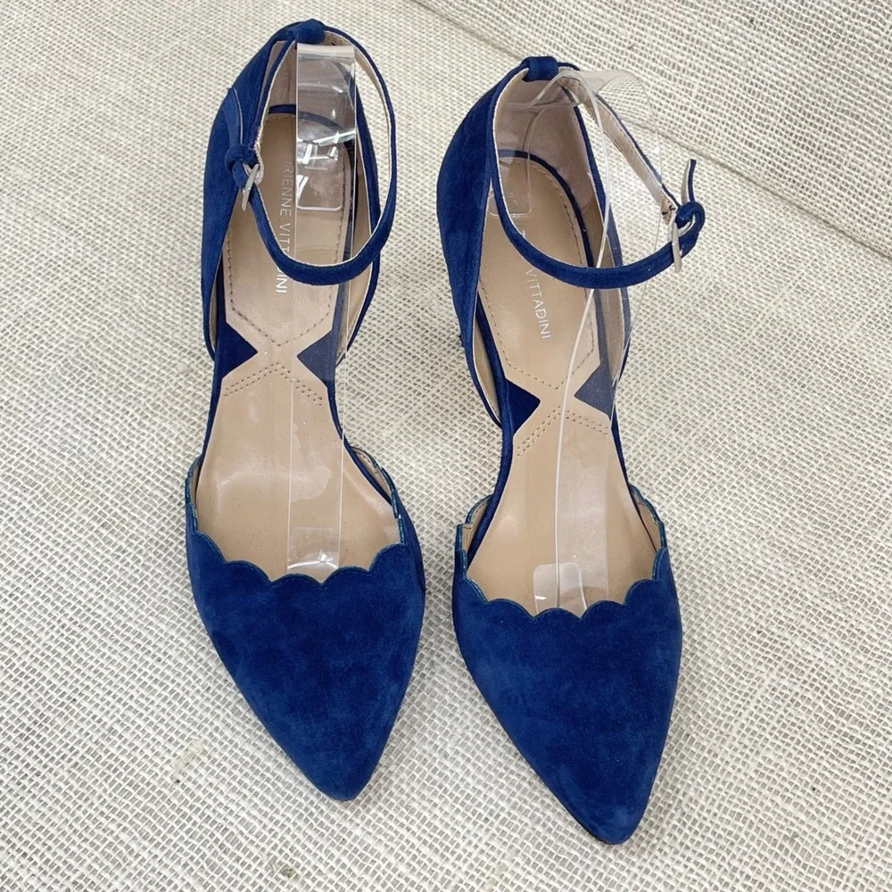 Adrienne Vittadini Blue Suede Scalloped‎ Ankle Strap Heels AV-NENI Womens 10M